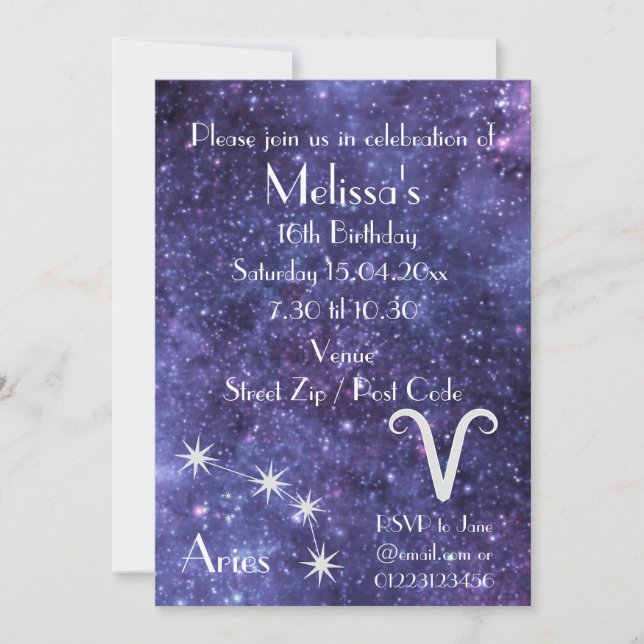 Personalized Aries Zodiac Galaxy Party Invitation (Front)
