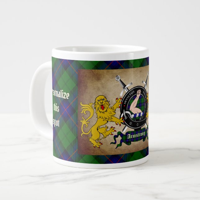 Personalized Armstrong Clan Badge & Tartan Large Coffee Mug (Front Left)