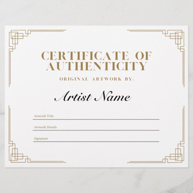 Personalized Art Deco Certificate of Authenticity  Letterhead (Front)