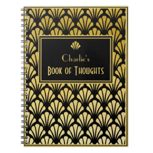 Personalized Art Deco Fan Pattern Black Gold Foil Notebook