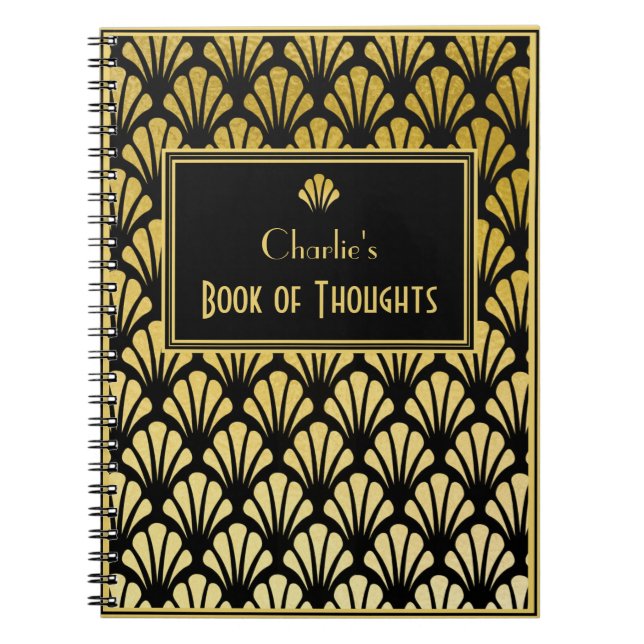 Personalized Art Deco Fan Pattern Black Gold Foil Notebook (Front)