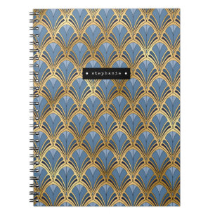 Personalized Art Deco Fan Pattern Blue Gold Notebook