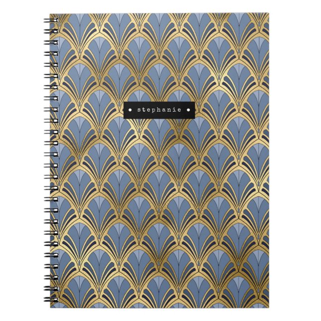 Personalized Art Deco Fan Pattern Blue Gold Notebook (Front)