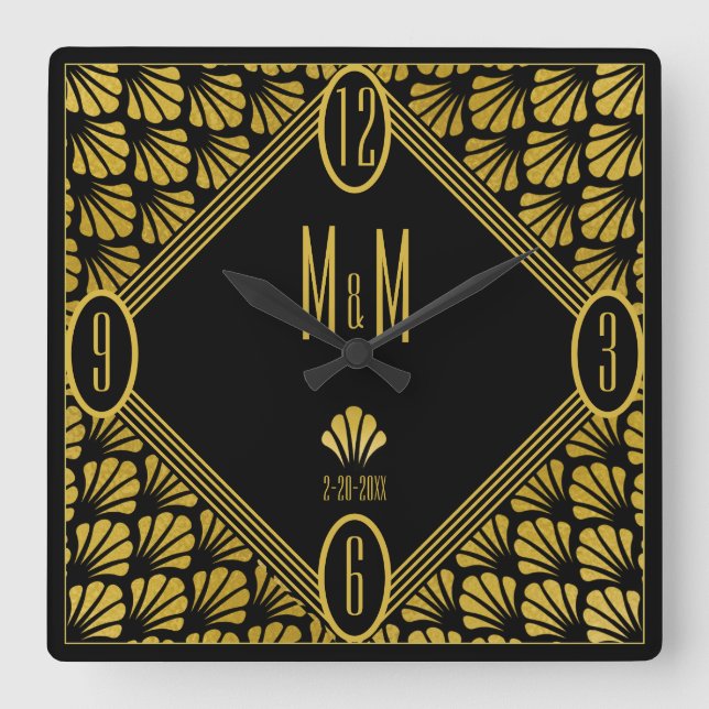 Personalized Art Deco Fan Pattern Couple Monogram Square Wall Clock (Front)