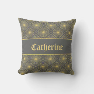 Personalized Art Deco Gray & Yellow Geometric Name Throw Pillow