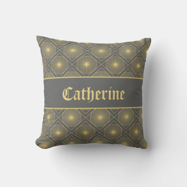 Personalized Art Deco Gray & Yellow Geometric Name Throw Pillow (Front)