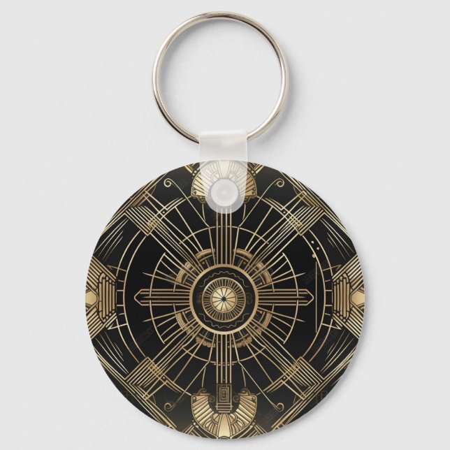 Personalized Art Deco Keychain - Black and Gold Ge (Front)