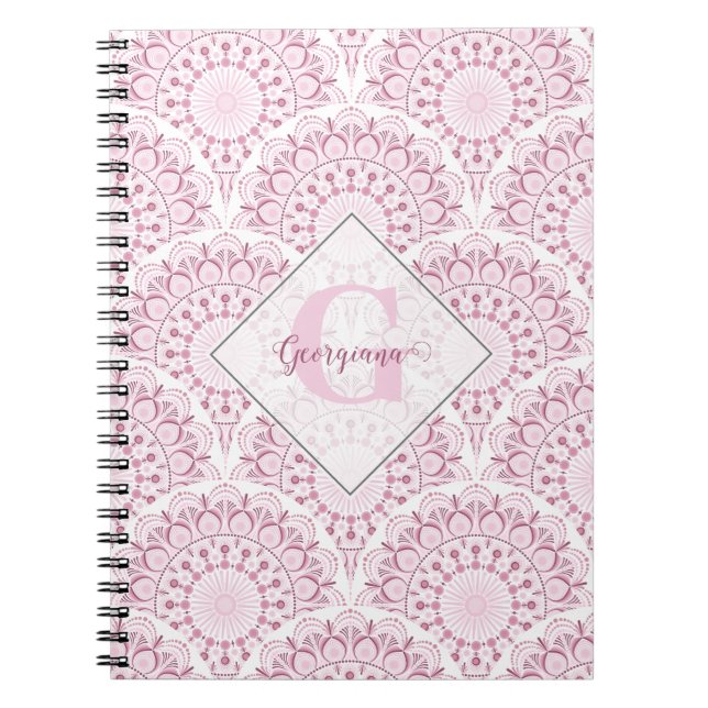 Personalized Art Deco Pink Confetti Lace Mandala Notebook (Front)