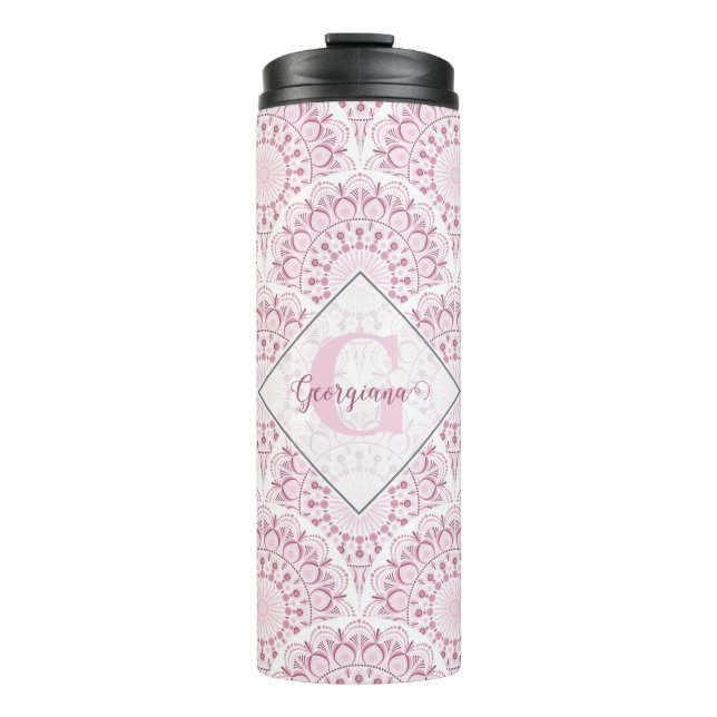 Personalized Art Deco Pink Confetti Lace Mandala Thermal Tumbler (Front)