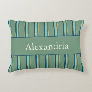 Personalized Art Deco Sage, Teal & Gold Stripes Accent Pillow