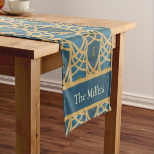 Personalized Art Deco Teal & Gold Geometric Name  Short Table Runner