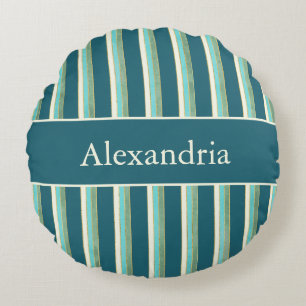 Personalized Art Deco Teal, Green & Gold Stripes Round Pillow