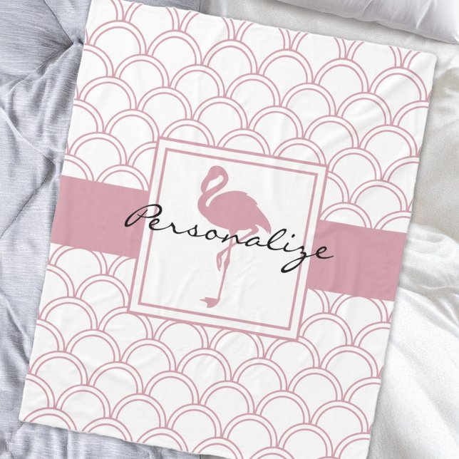 Personalized Art Deco Wave Patten Pink Flamingo Fleece Blanket (Creator Uploaded)