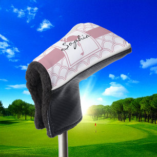 Personalized Art Deco Wave Patten Pink Flamingo Golf Head Cover