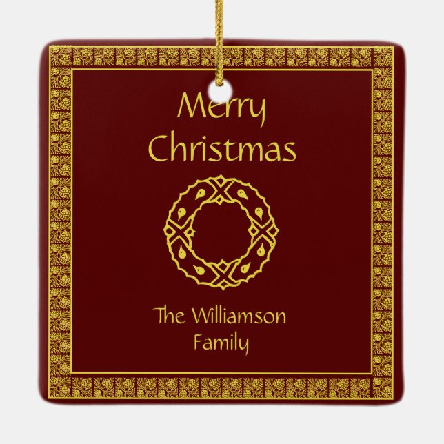 Personalized Art Nouveau Red Christmas Ceramic Ornament (Back)