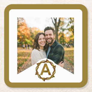 Personalized Artisan Monogram A   Wood Frame Square Paper Coaster