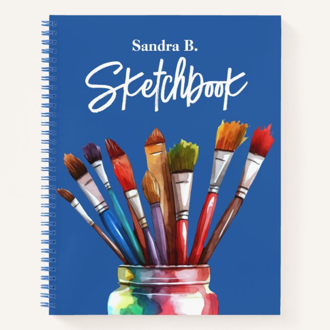 Personalized Artist Paintbrush Blue Sketchbook Notebook (Front)