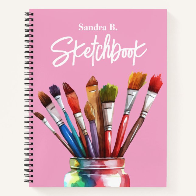 Personalized Artist Paintbrush Pink Sketchbook Notebook (Front)
