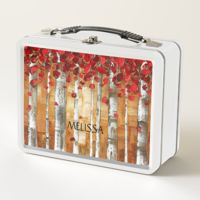 Personalized  Artistic Romantic Red Leaves Birch Metal Lunch Box (Front)