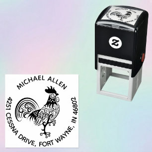 Personalized Artistic Rooster Round Return Address Self-inking Stamp