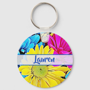 Personalized Artsy Floral Daisy Name Keychain