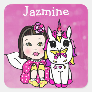 Personalized Asian Fairy and Unicorn Heart Shaped Square Sticker
