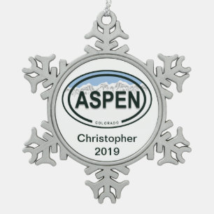 Personalized Aspen Colorado Rocky Mountain Holiday Snowflake Pewter Christmas Ornament