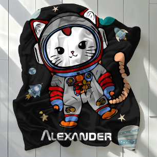 Personalized Astronaut Cat Space Adventure for Kid Fleece Blanket