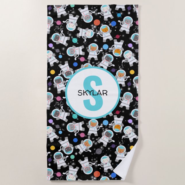 Personalized Astronaut Cats Outer Space Kittens Beach Towel (Front)