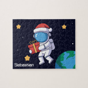 Personalized Astronaut Santa holding a present Jigsaw Puzzle