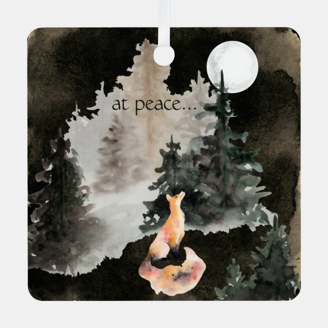 Personalized at peace ~ Fox and Full Moon Woodland Metal Ornament (Front)