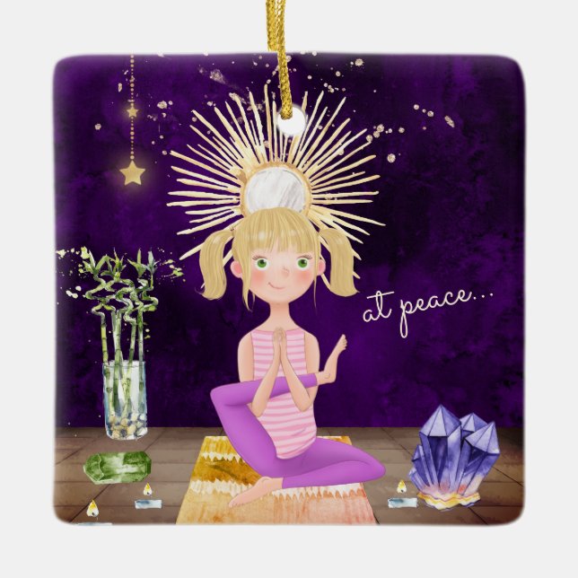 Personalized At Peace Yoga Blonde Girl Christmas Ceramic Ornament (Front)