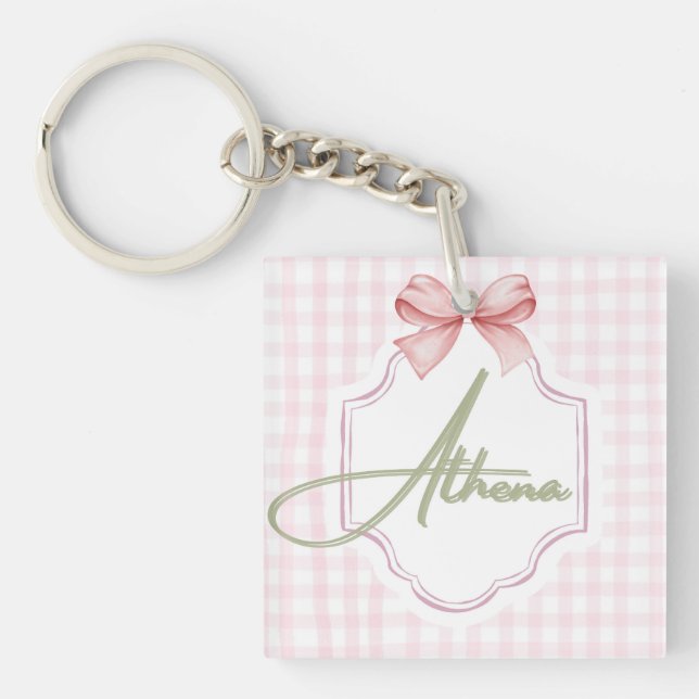 Personalized Athena Baby Girl Nursery Bow&Gingham Keychain (Front)