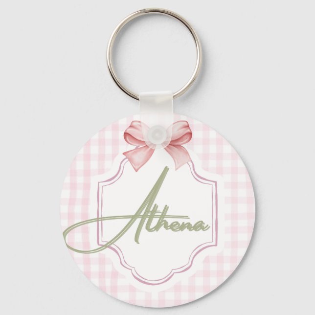 Personalized Athena Baby Girl Nursery Bow&Gingham Keychain (Front)