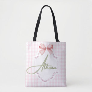 Personalized Athena Baby Girl Nursery Bow&Gingham Tote Bag