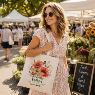 Personalized August Birth Flower Dragonfly Poppy Tote Bag