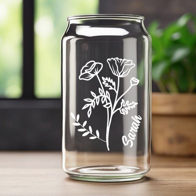 Personalized August Birth Month Flower Poppy White Can Glass (Creator Uploaded)