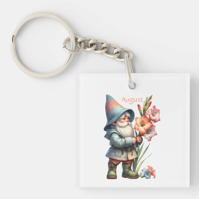 Personalized August Birth Month Garden Gnome Keychain (Front)