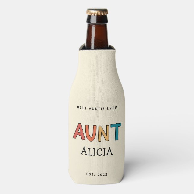 Personalized Aunt Retro Gift Best Auntie Ever Cute Bottle Cooler (Bottle Front)