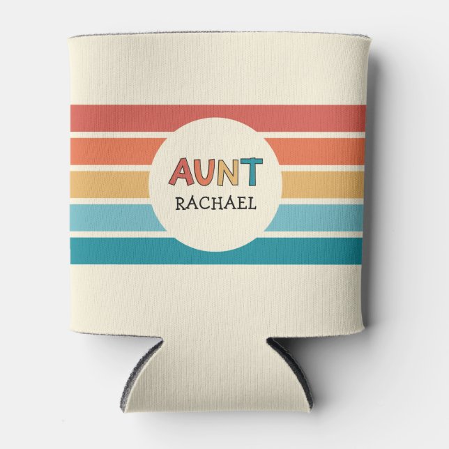 Personalized Aunt Retro Stripes Cute Can Cooler (Front)