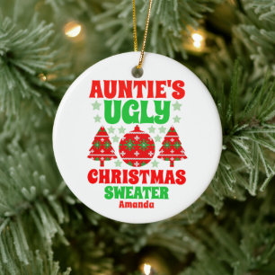 Personalized Auntie's Photo Ugly Sweater Christmas Ceramic Ornament