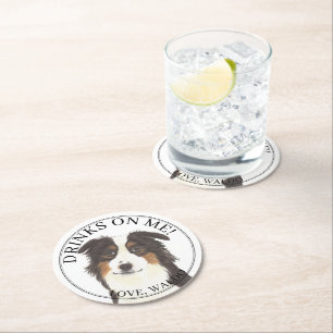 Personalized Aussie Australian Shepherd Wedding Round Paper Coaster