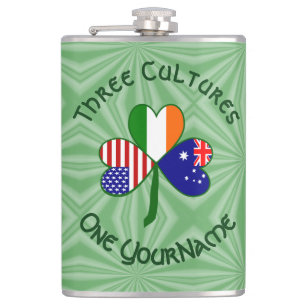 Personalized Australia Ireland USA Shamrock Large Hip Flask