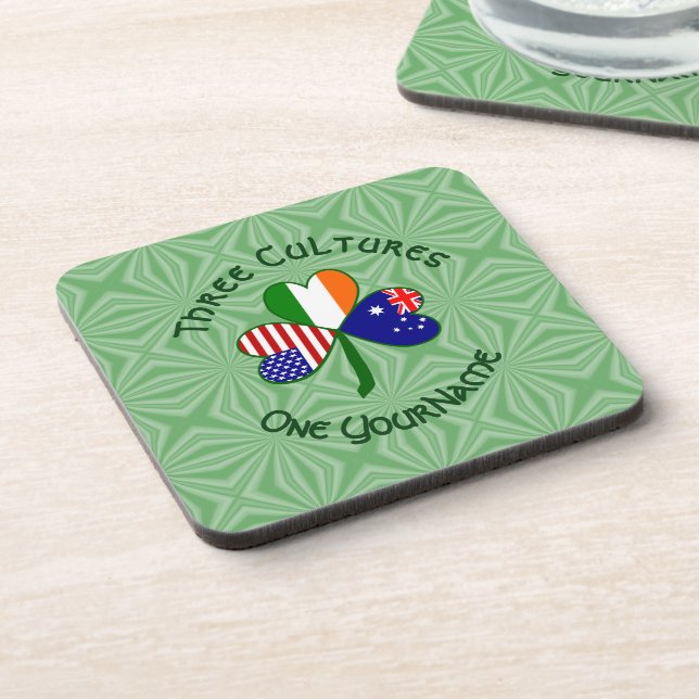 Personalized Australia Ireland USA Shamrock Square Coaster (Left Side)