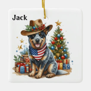 Personalized Australian Cattle Dog With USA Flag Ceramic Ornament