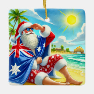 Personalized Australian Santa on Beach Christmas  Ceramic Ornament