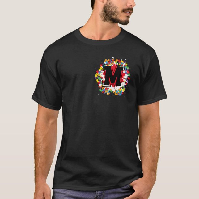 Personalized Autism Awareness Initial M Letter Mon T-Shirt (Front)
