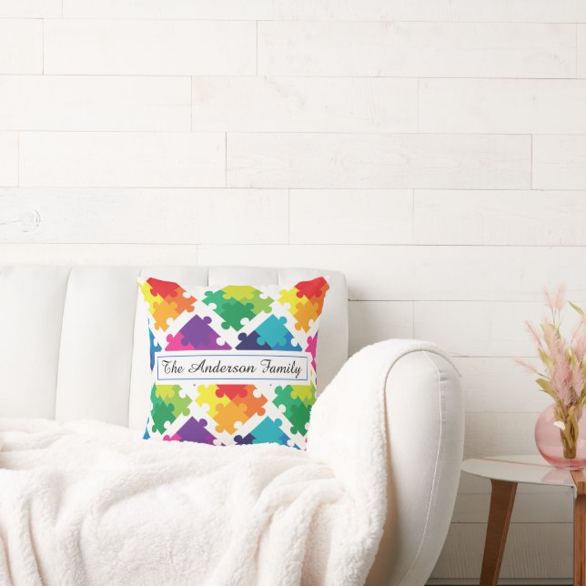Personalized Autism Awareness Rainbow Puzzles Throw Pillow (Couch)