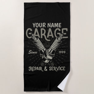 Personalized Auto Mechanic Garage Retro Spark Plug Beach Towel