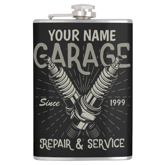 Personalized Auto Mechanic Garage Retro Spark Plug Hip Flask (Front)